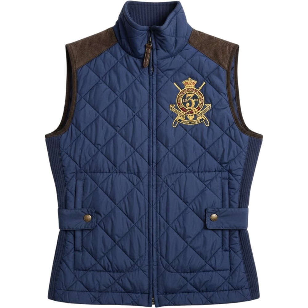 Ralph Lauren Quilted Vest Small Blue Suede Trim Crest Equestrian Preppy